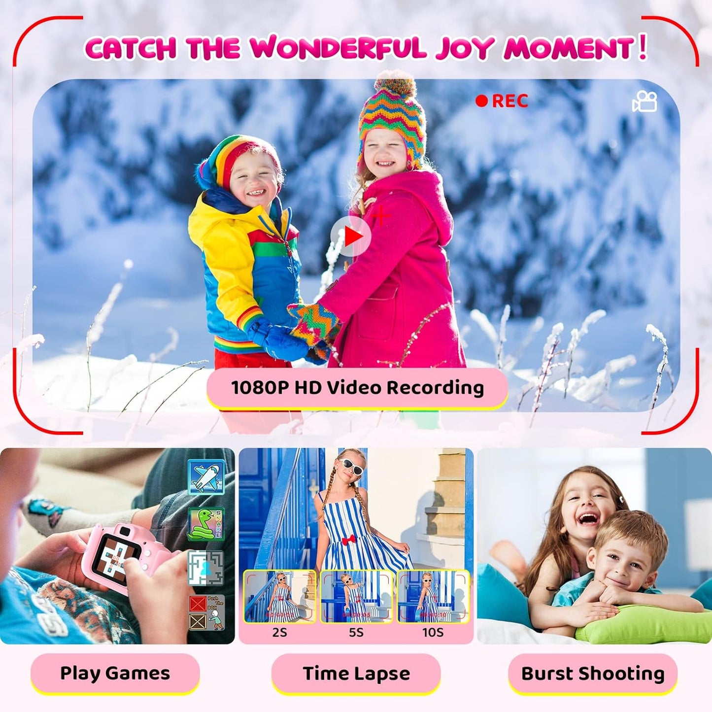 Kids Digital Camera with 2.0 Inch Display, 1080P HD, Anti-Drop Design - Ideal Gift for Boys & Girls Ages 3+, Birthday/Christmas Toy (Pink)