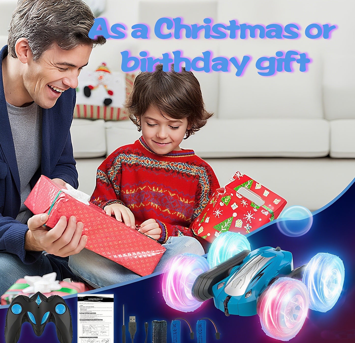 EACOPOL  4WD Remote Control Car - Flashing LED Lights & 360° Drift, Fun Toy for Children 3+ Years Old(blue)