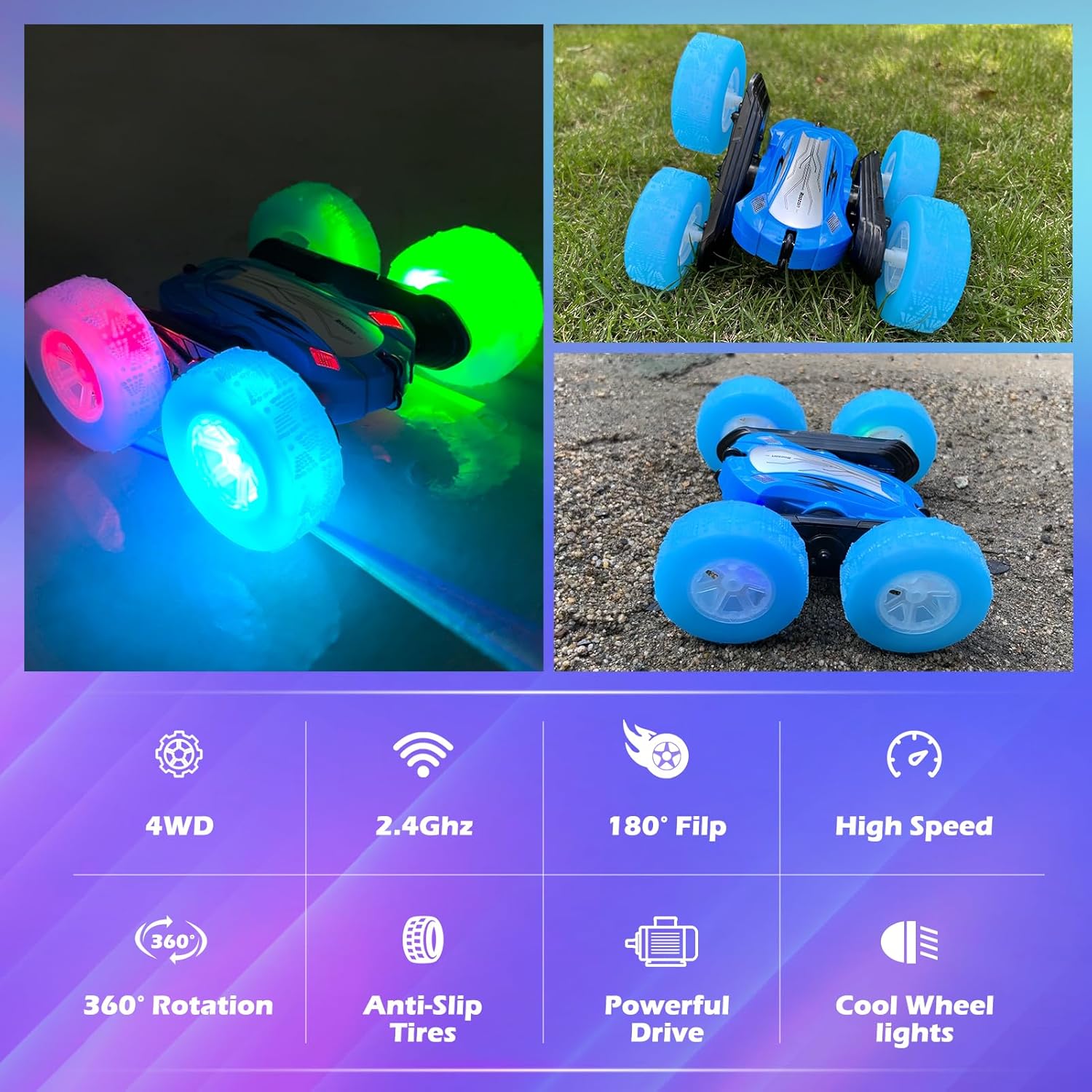 EACOPOL  4WD Remote Control Car - Flashing LED Lights & 360° Drift, Fun Toy for Children 3+ Years Old（blue）